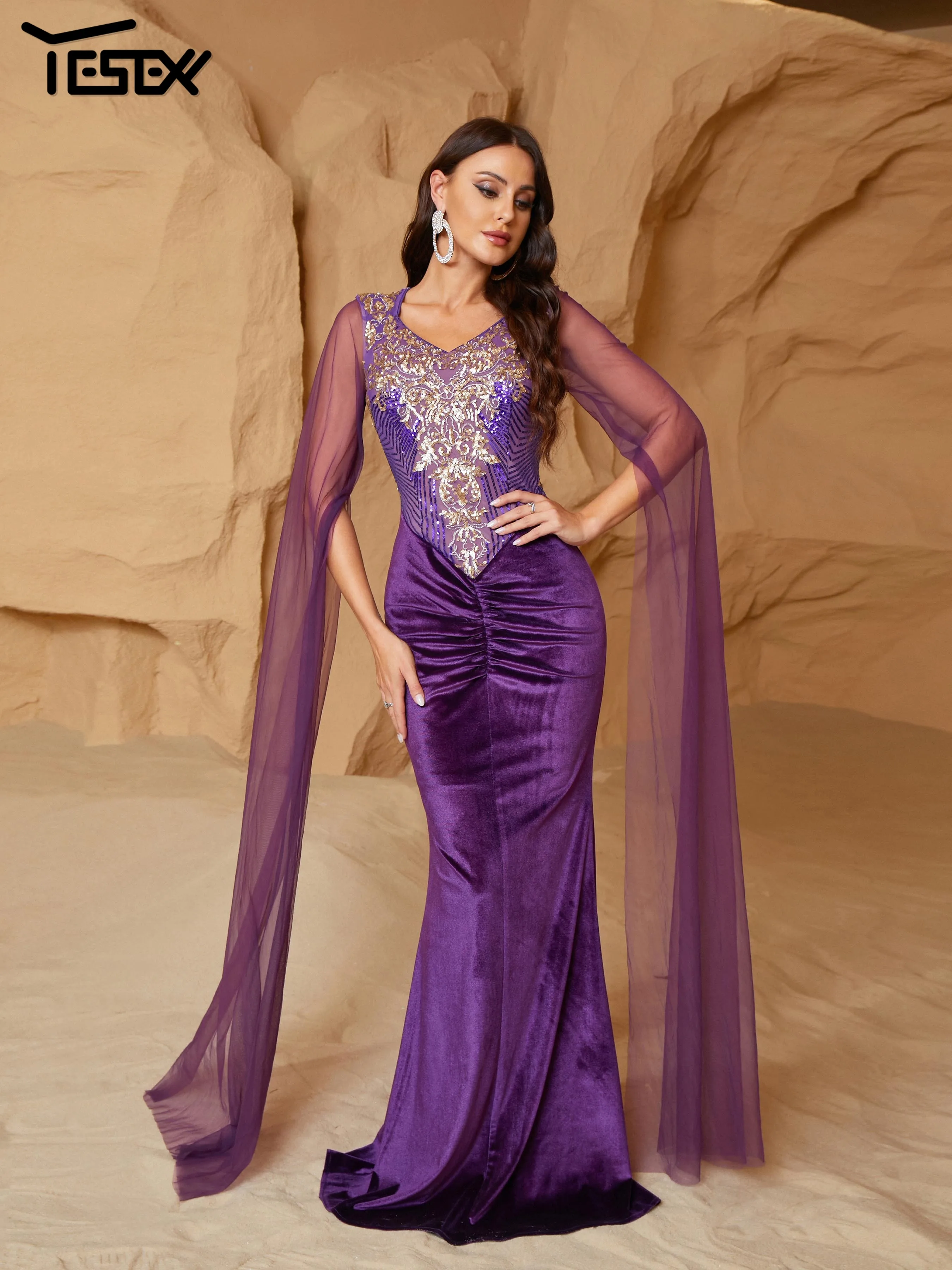 Yesexy New V Neck Chic Elegant Woman Dress Mesh Sleeves Purple Mermaid Evening Formal Occasion Prom Dresses