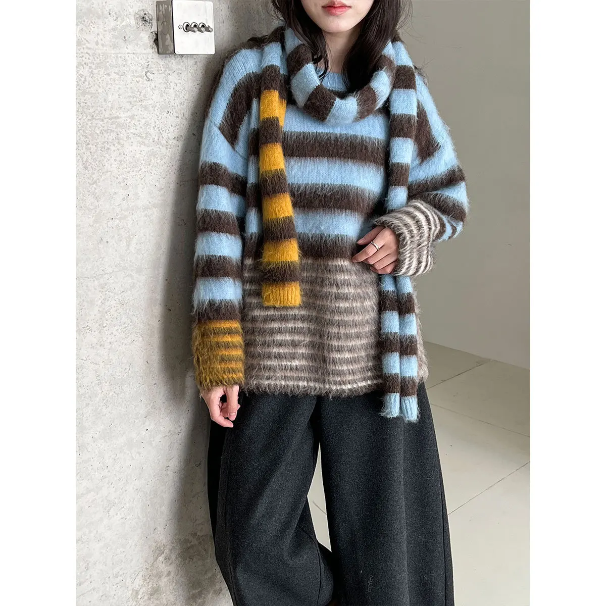 

New Women's Vintage Striped Knitwear Set with Fleece Scarf Two-Piece Loose Fit Long Sleeve round Neck Pullover Autumn Winter