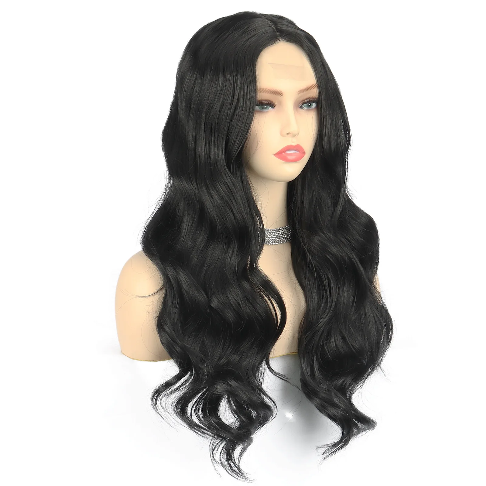 Women\'s Black Long Curly Hair Chemical Fiber Headwear Glueless lace wig