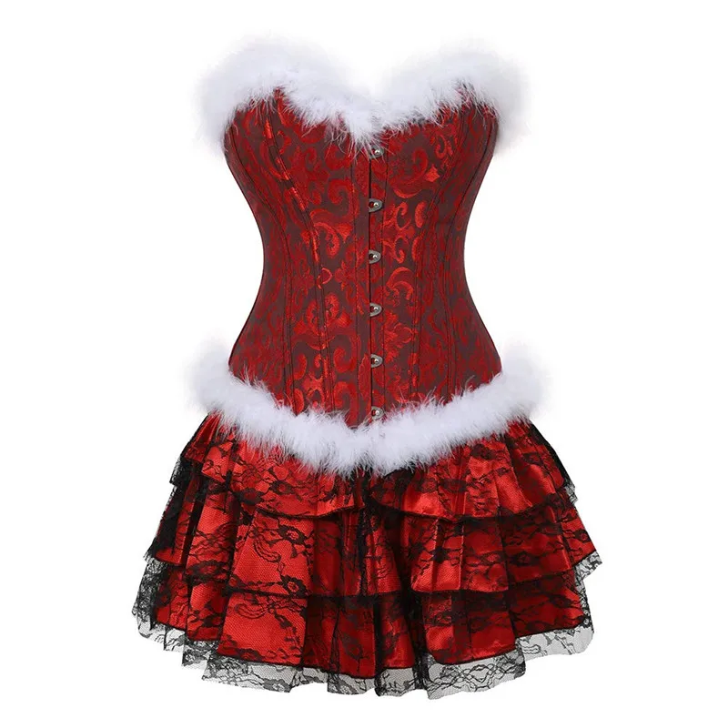 Christmas Santa Corset Dress Overbust Bustier Skirt Set Corselet Lingerie Burlesque Gothic Vintage Plus Size Sexy Costume Red