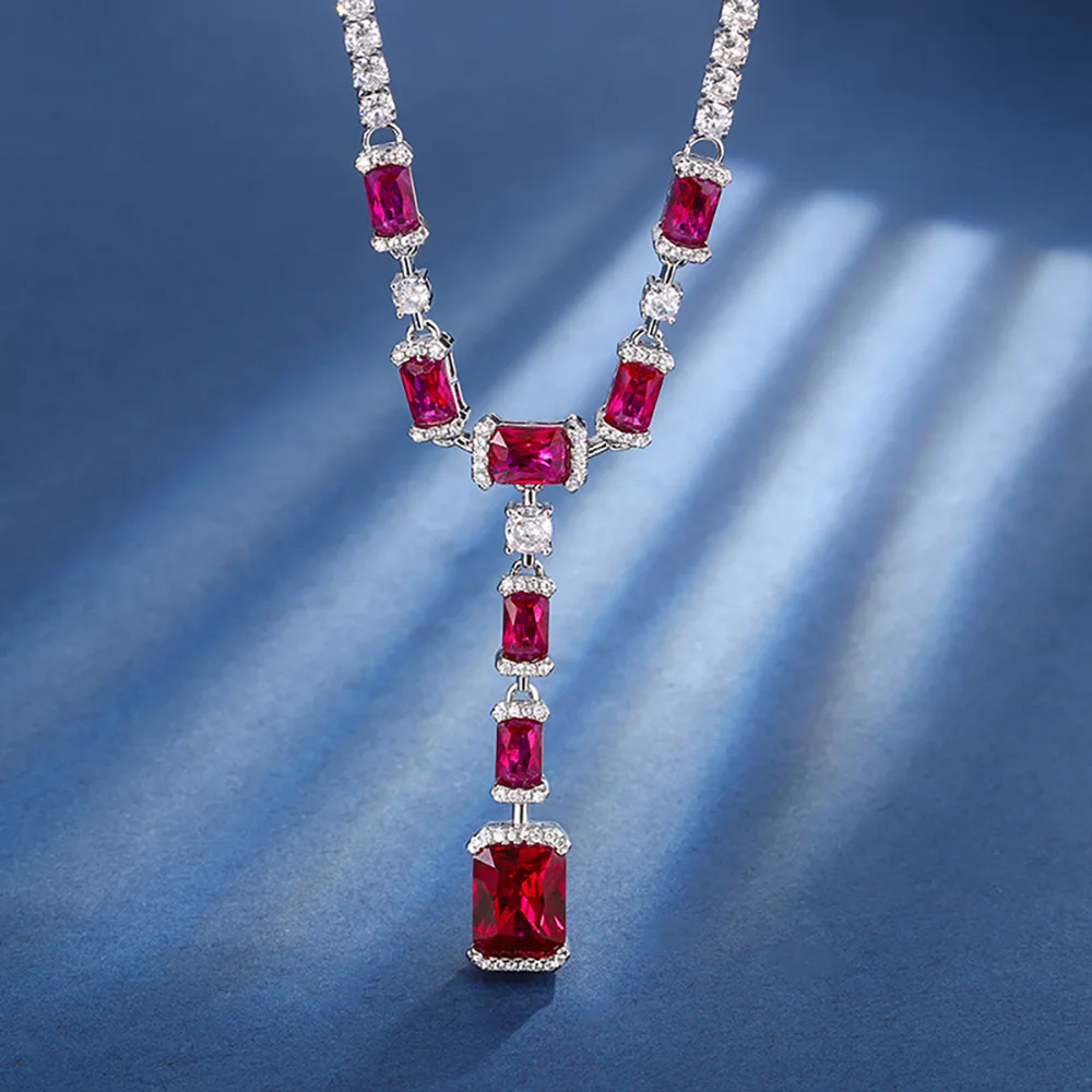 Sparkling 8*10MM Ruby Sapphire Gemstone Pendant Necklace for Women Vintage High Carbon Diamond Cocktail Party Fine Jewelry Gift