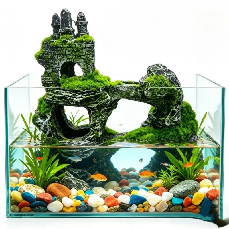 

1PC Aquarium Decoration Moss Covered Corridor Bridge, Retro Resin Ornament, Fish & Shrimp Hideout House Fish Tank Decoration