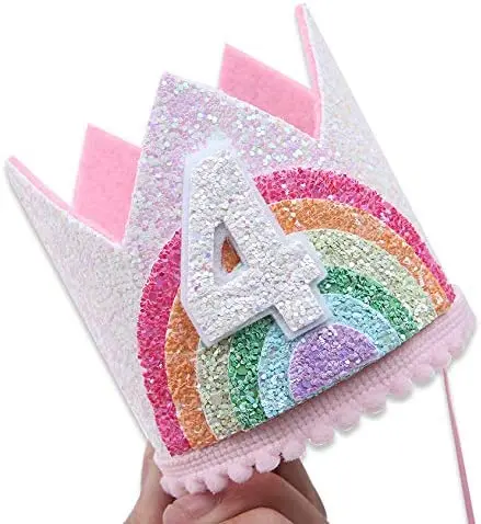 Felt Rainbow Theme Birthday Party Crown 1st 2nd 3rd Happy Birthday Party Decor Kids Baby Shower Party Number Hat Unicorn Party