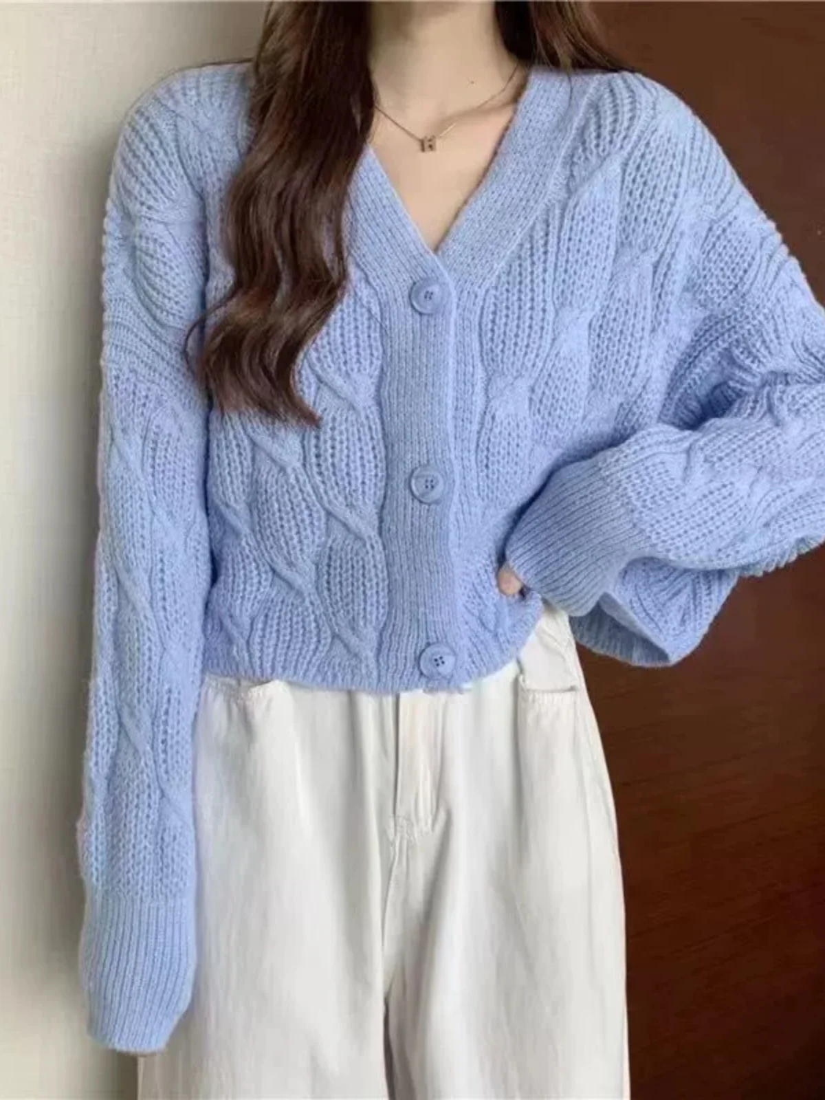 

Trendy V-Ne Lazy Sle Twist Knit Sweater Coat Women's Spring Autumn Small Size Loose ort Sve Long Sve Knitted irt