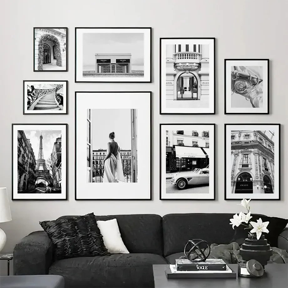 (No frame)Parisian Chic Fashion Girl Canvas Print - Black & White Champs Elysees Poster for Living Room Wall Decor