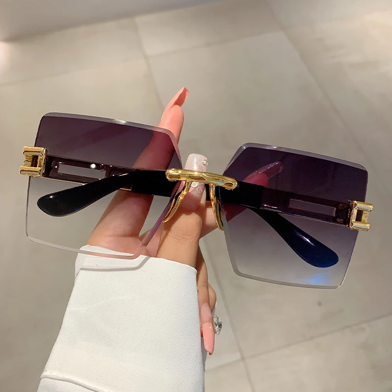 KAMMPT Rimless Square Women Sunglass Stylish Vintage Oversized Gradient Eyewear 2023 New Ins Trendy Original Brand Design Shades