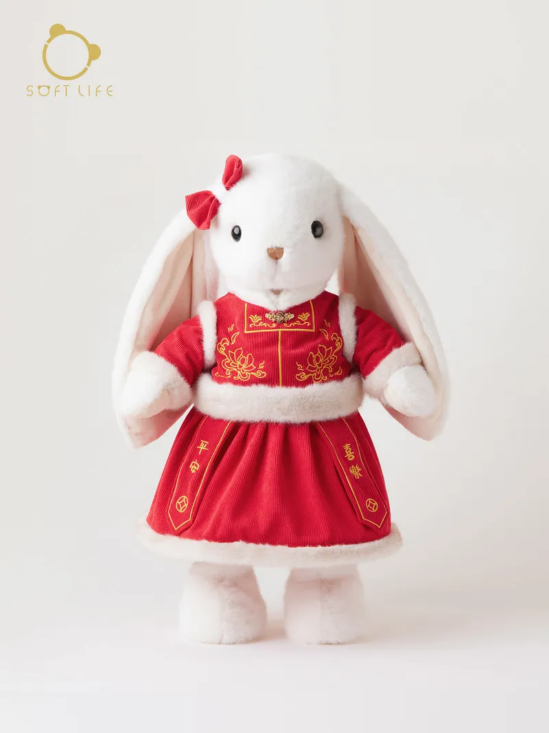 

Soft Life Chinese New Year Limited Rabbit Plush Toy Long Ear Bunny Red Chinese Outfit Sleep Comforting Holiday Gift For Kids