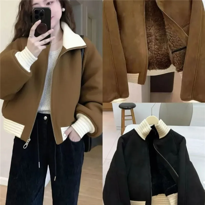 

Retro Brown Women's Suede Stitching Coat 2026 Autumn Winter Female Short Jacket Thickened with Velvet To Keep Warm Overwear