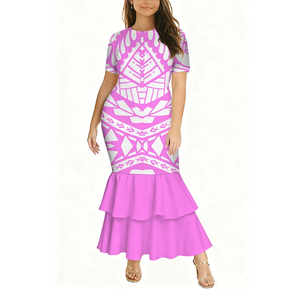 High-Quality Custom-Made Mid-Sleeved Round-Neck Sexy Double-Layer Fishtail Dress Polynesian Tribal Design Women'S Dress