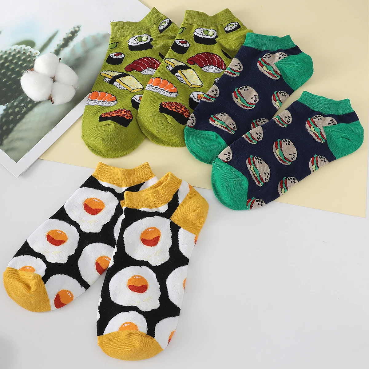 3 Pairs/Pack Women\'s Short Socks Sushi Burger Egg Food Printed Funny Cartoon Socks Spring Summer Breathable Cotton Ankle Socks