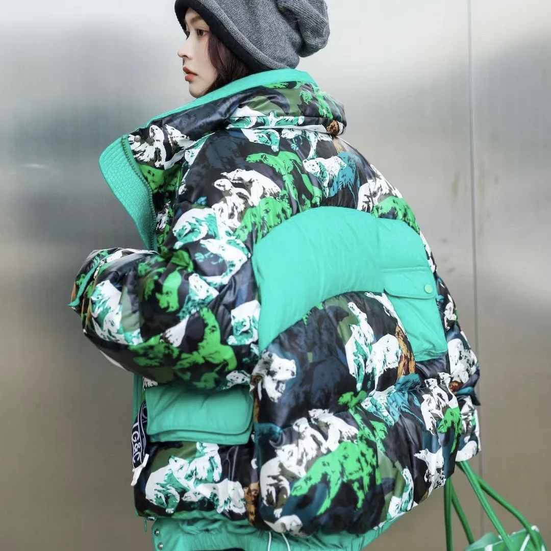 2023 Winter New Arrival Brand Color Block Down Jacket Women Stand Collar Printed Fashion White Duck Down Thick Warm Outerwear