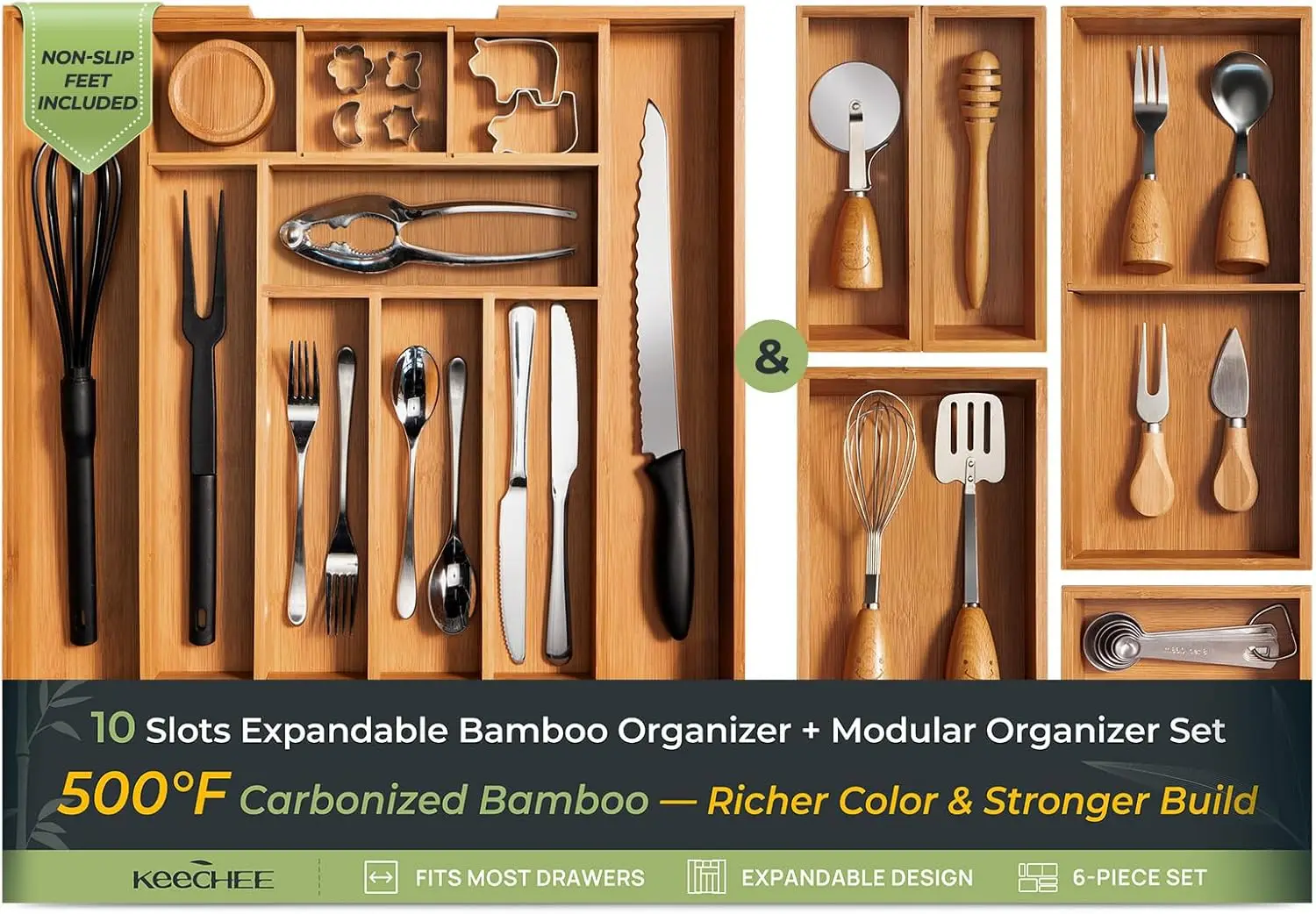 

6-Piece Bamboo Drawer Organizer Set, Adjustable for Utensils, Silverware, Desk & Bathroom with Non-Slip Feet