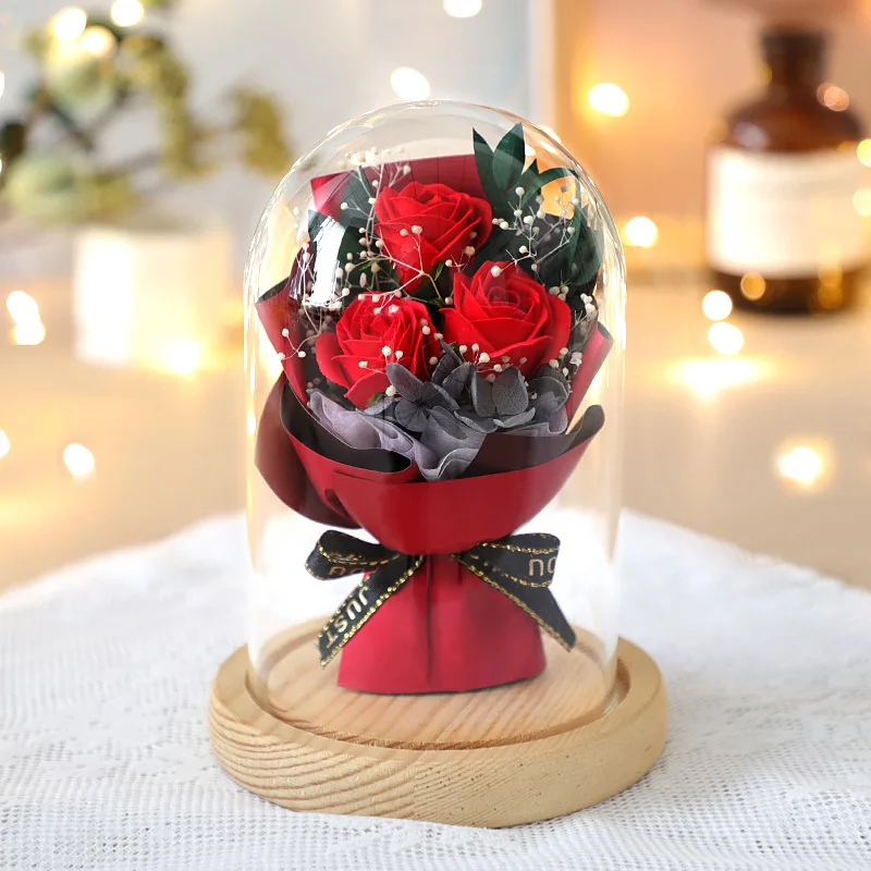 New A Red bunch of Artificial Flowers In a Dome with LED lights  Beauty And Beast Rose For Christmas Birthday Wedding Decor