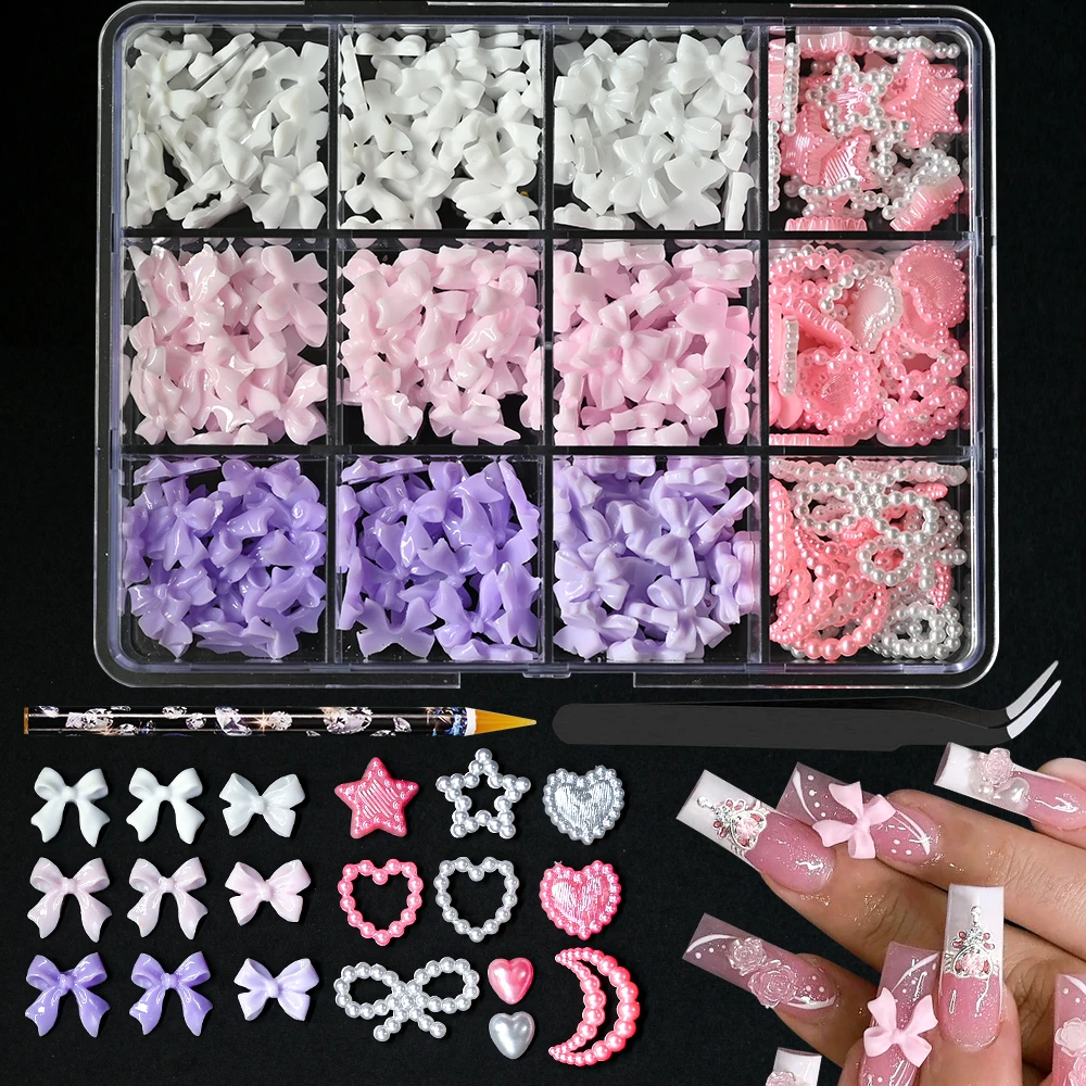 120 rejilla/caja Kawaii resina mixta Bowknot Nail Art 6/8/10mm colorido arco/corazón de perlas juego de dijes para uñas DIY 3D lindo arco piezas de uñas *