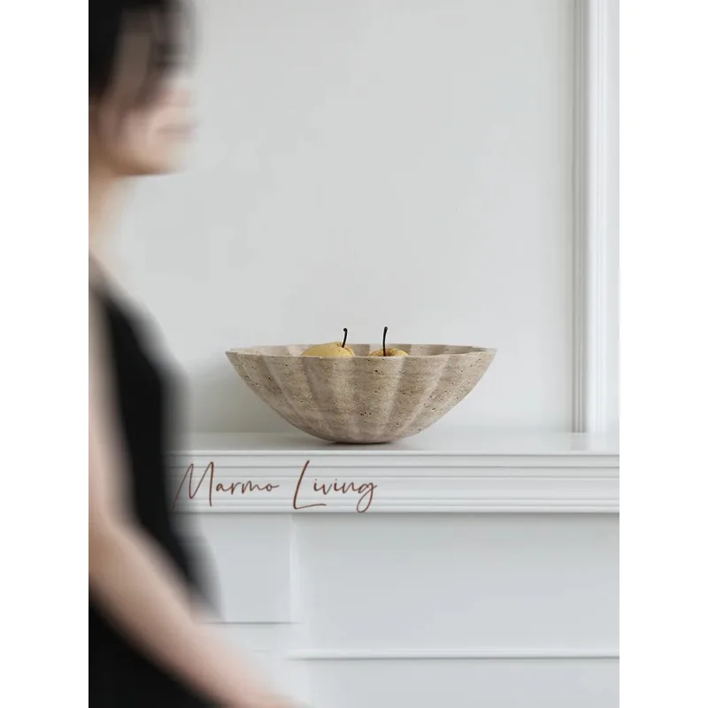 Large Travertine Serving Tray Decorative Ruffle Marble Fruit Bowl for Kitchen Counter and Living Room