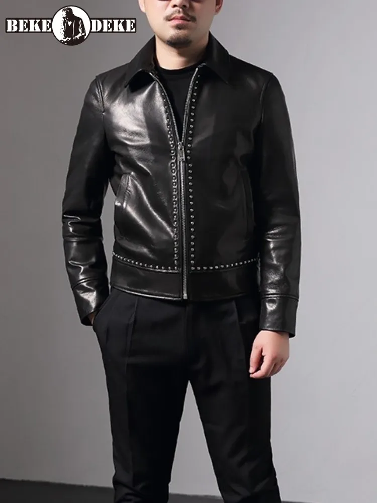 Punk Style Turn Down Collar Long Sleeves Genuine Leather Jacket Solid Color Rivet Zipper Slim Male Sheepskin Short Outerwear