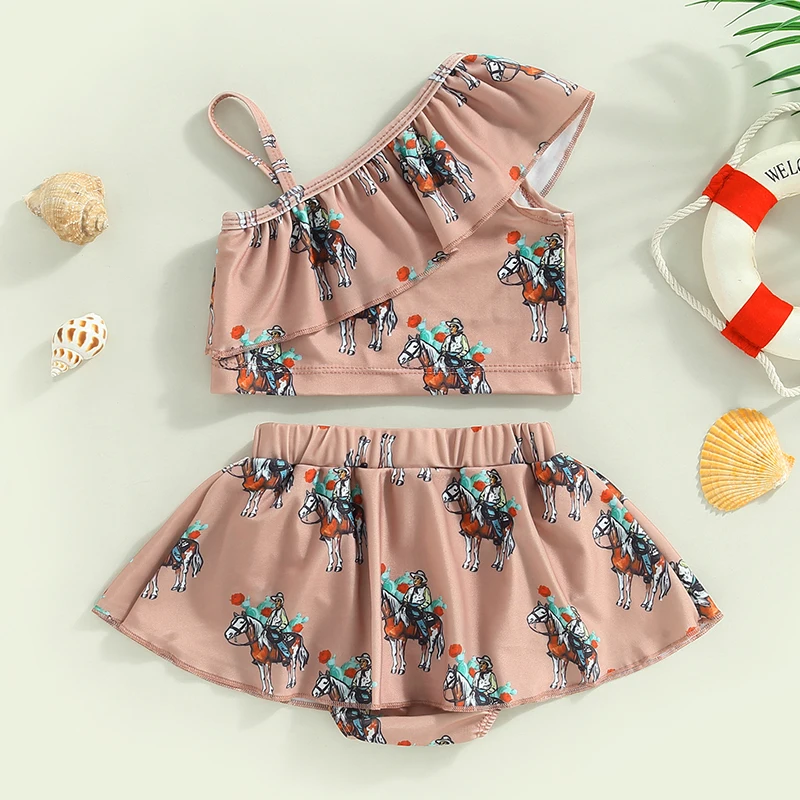 Yiiciovy Kids Sweet Bikini Set Baby Girl 2pcs Swimsuits Summer Cowboy Print Ruffles Sleeveless Tops + Beach Shorts Swimwear Sets