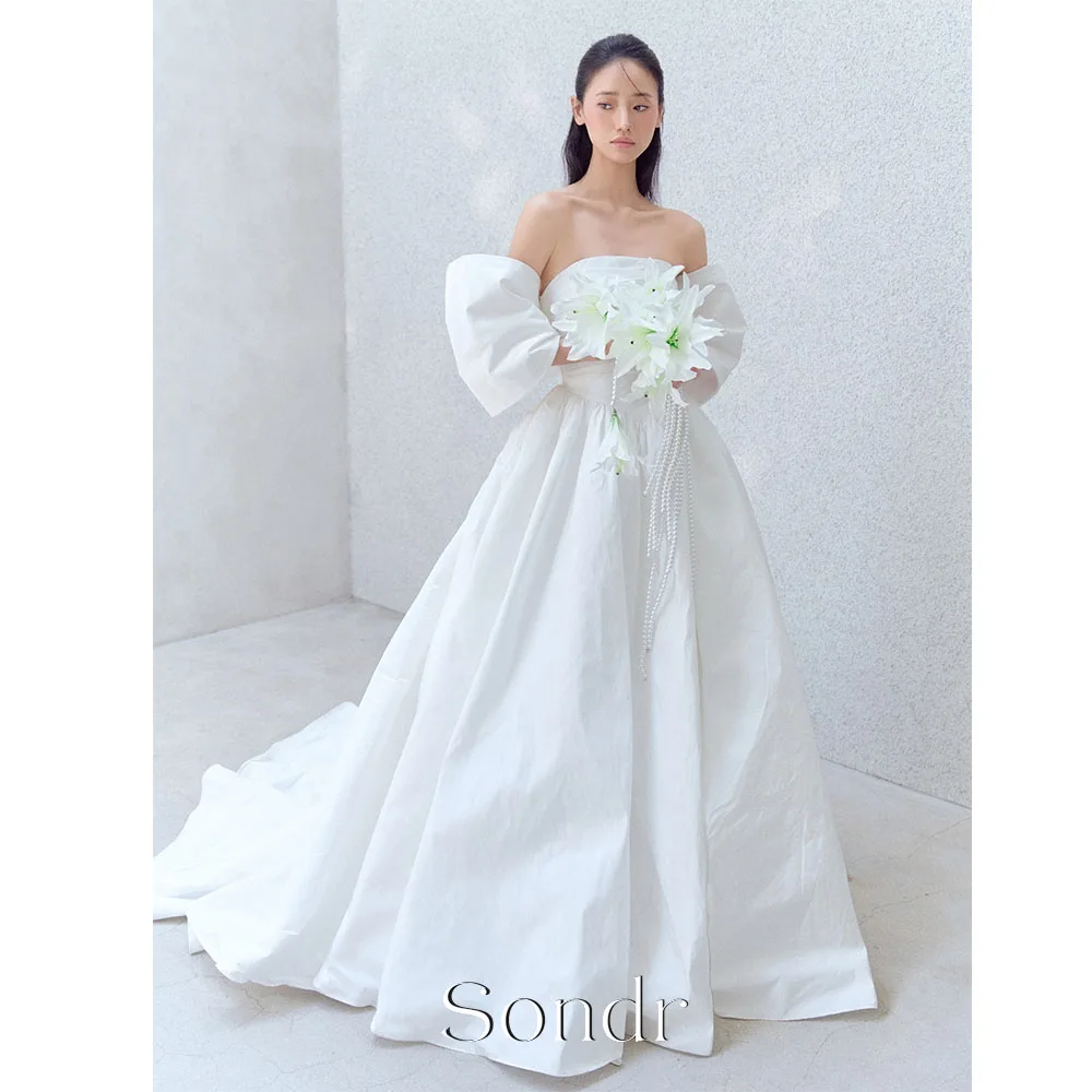 Sondr Modern Bow Jacket Wedding Party Dress Off Shoulder Sweep Train Ivory Taffeta Korean Bridal Reception Gown Customized