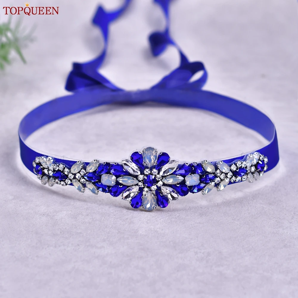 

TOPQUEEN Luxury Wedding Belt Bridal with Royal Blue Rhinestone Applique Women Party Formal Dress Gown Satin Sash Handmade S424