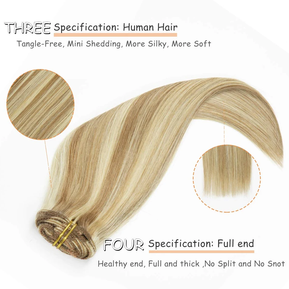 تسليط الضوء على كليب في وصلات الشعر لون الشعر البشري الحقيقي # 8/613 مشبك برازيلي في وصلات مستقيمة 16-26 بوصة لون طبيعي