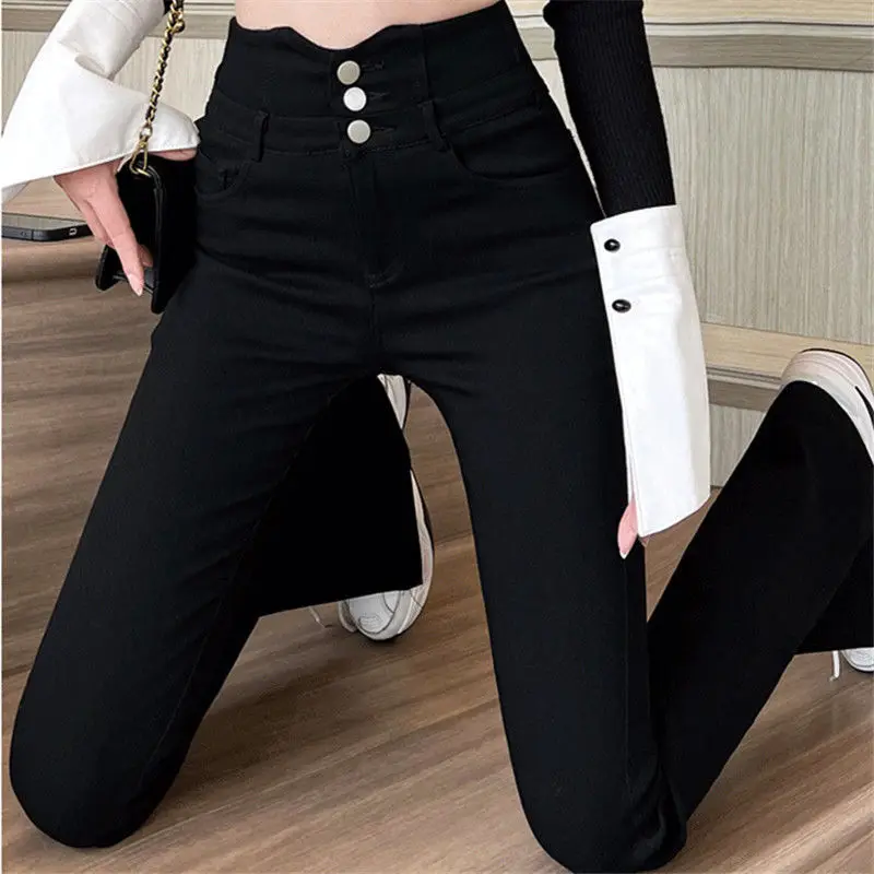 

Spring and Autumn High-waisted Button Belly-shrinking Black Stretch 2025 Casual Mini-flare Flared Pants for Women