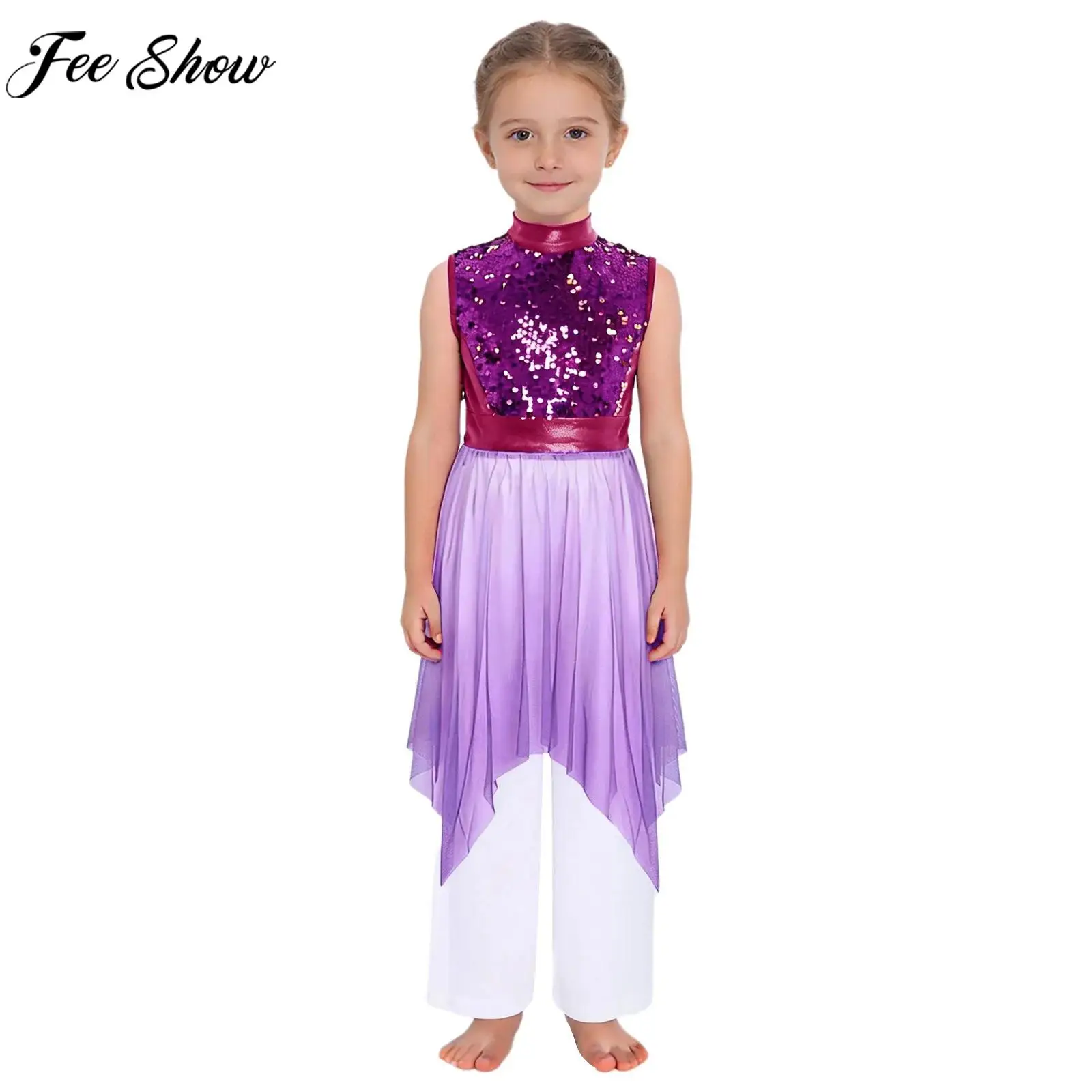 Children Girls Liturgical Worship Praise Choir Lyrical Dance Performance Outfit Sleeveless Sequins Bodice Tunic Dress with Pants