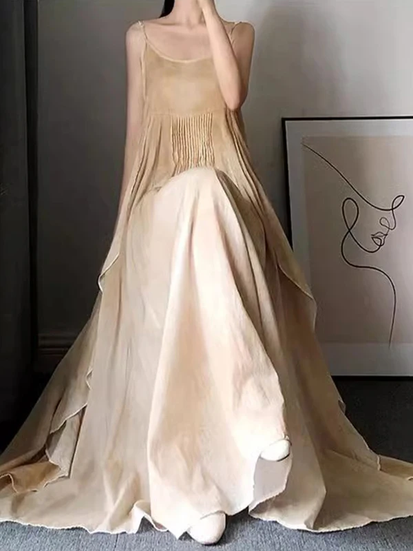 

Ele Cotton Linen Wrap Dr Women Summer Design Loose Asymmetrical Splicing Long Skirt A-Line Silhouette Svel