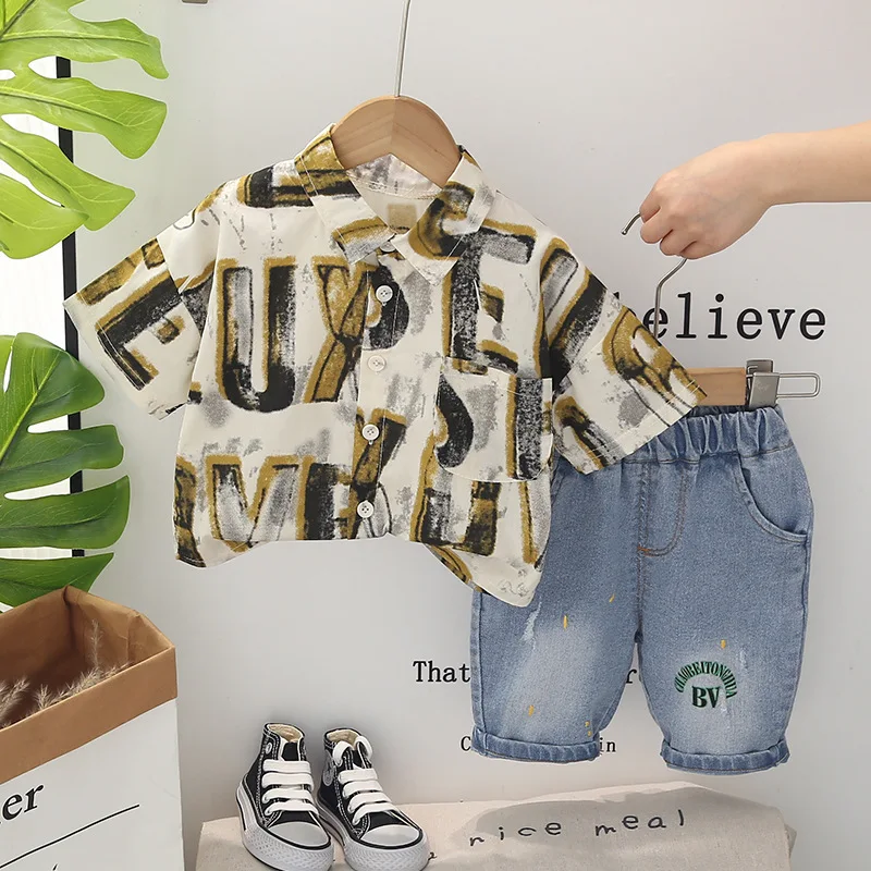 Western Baby Boys Boutique Clothing 2024 Korean Letter Printed Turn-down Collar Short Sleeve Shirts and Shorts Boy Outfit Set