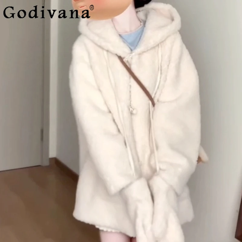 

Women Autumn Winter Gentle Sweet Loose Temperament Coat Light Apricot Versatile Age-reducing Fashion Thick Woolen Hooded Jacket