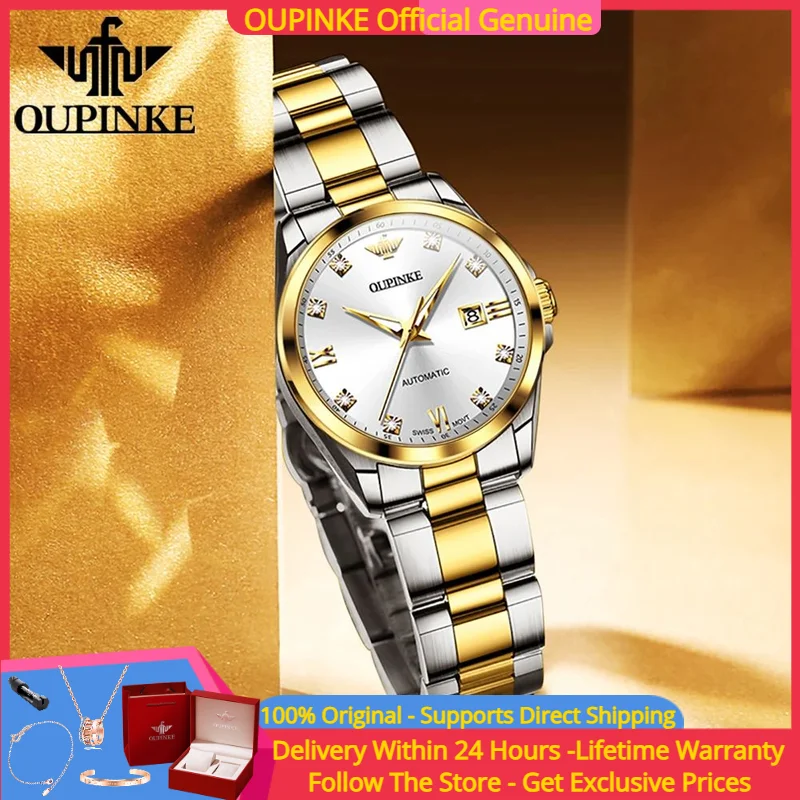 

OUPINKE 3199 Real Diamond Swiss Movement Women Automatic Mechanical Watch High end Sapphire Mirror Luxury Women Dress Watch Set