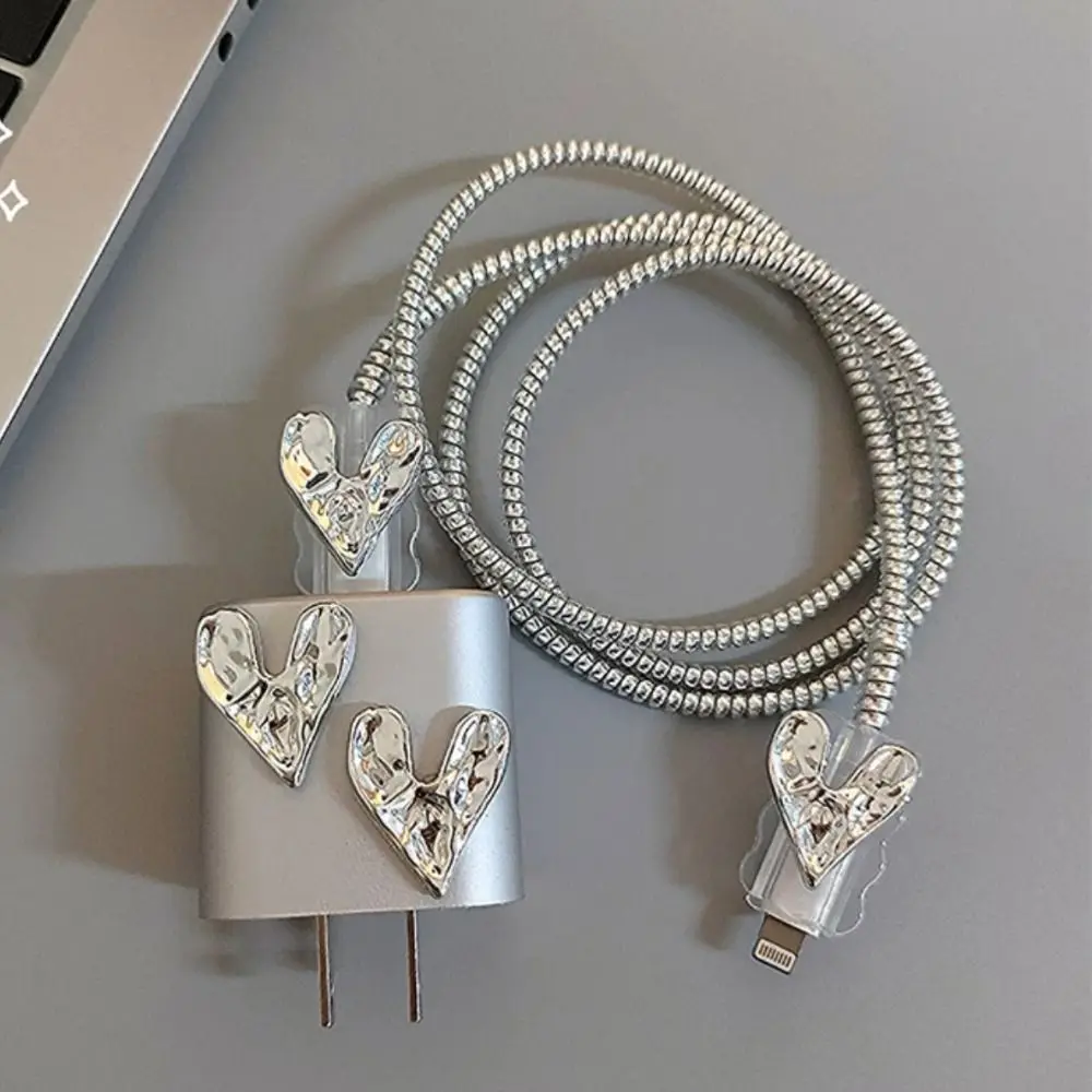 

3D Silver USB Cable Protector Case Love Heart Wave Pattern Border Charging Cable Protector for iPhone 18W/20W charging head