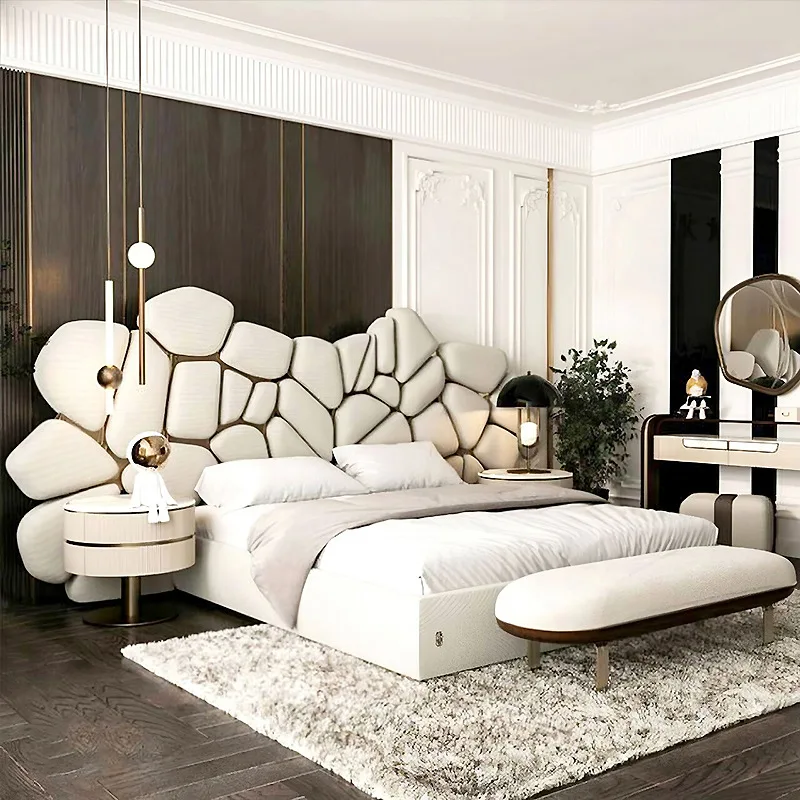 

Italian light luxury leather double bed mansion villa master bedroom widescreen bed premium modern premium soft bag wedding bed