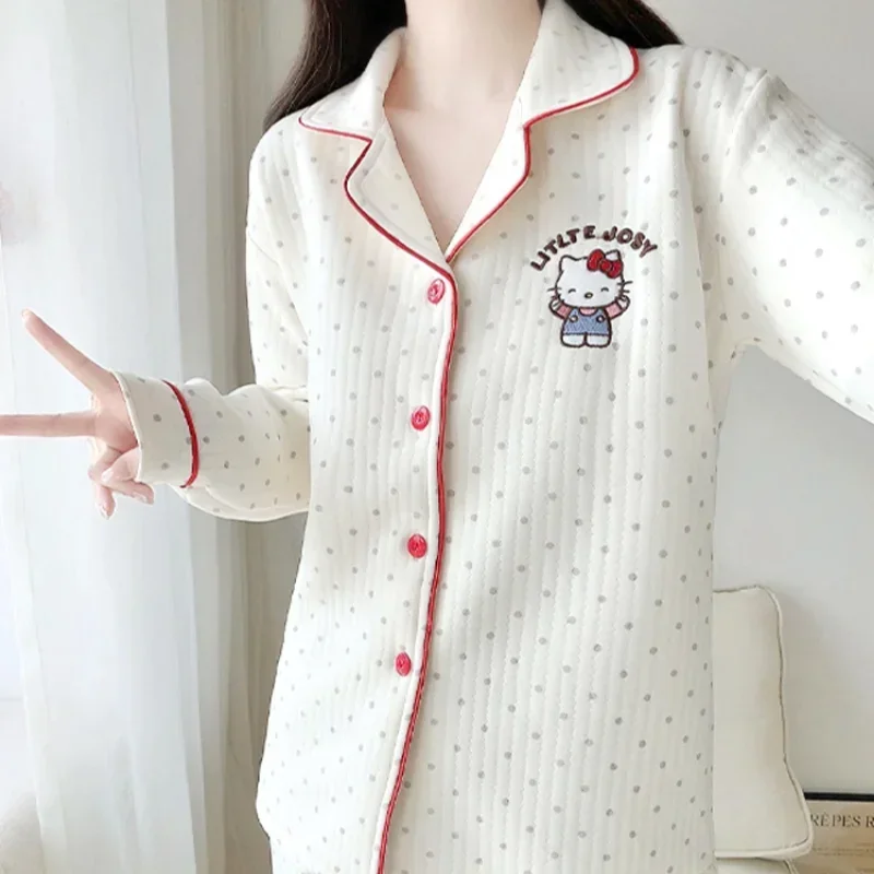 

Sanrio Hello Kitty pajamas women's winter new log-sleeved trousers lapel casual two-piece set women's pajamas homewear set ye