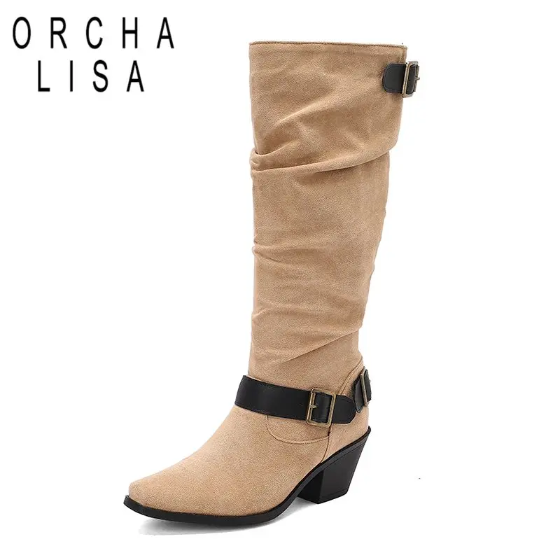 

ORCHA LISA 2025 Замшевые женские сапоги до колена из флока с квадратным носком и блочным каблуком 7 см, без шнуровки с пряжками на ремне, большие размеры 43 44 45 Daily Bota