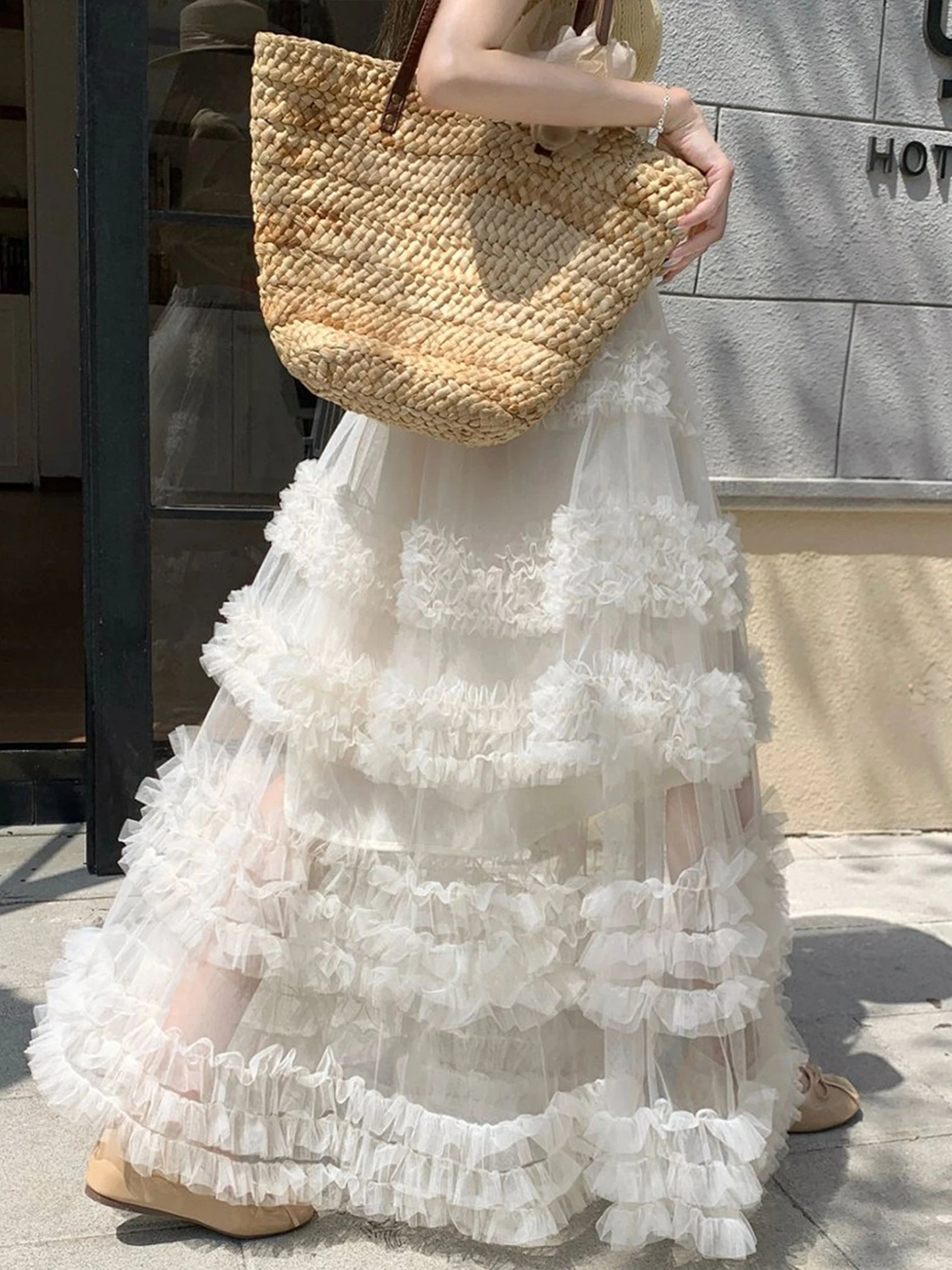 エレガントなレイヤードスカート、ギャザーとハイウエストデザイン、女性用サマーニュースタイル、バレエ風マイクロシースルーヒップカバー、ふわふわケーキスカート