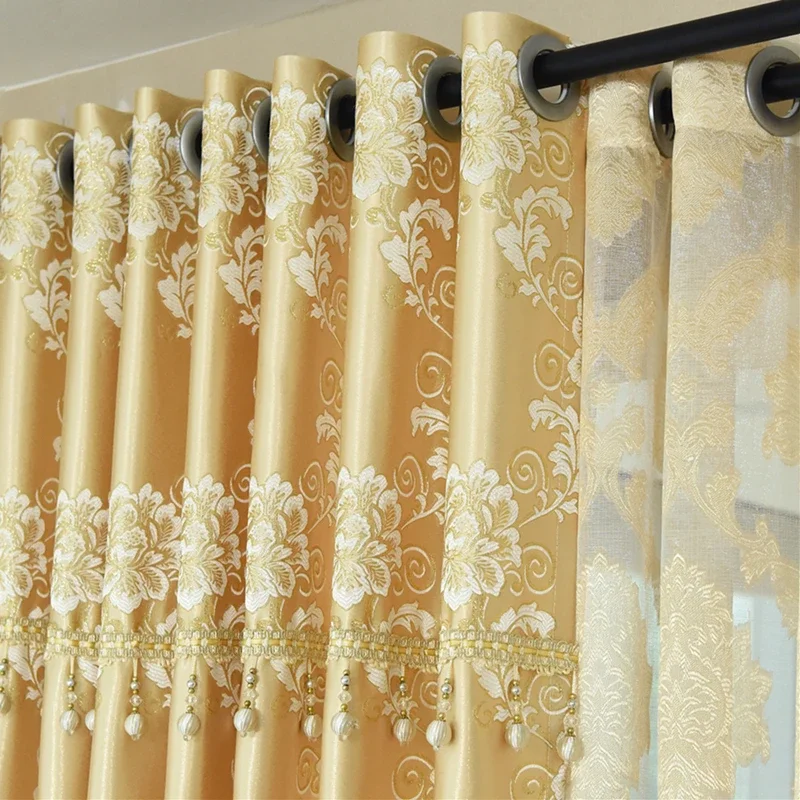 European Simple Modern Style Curtains for Living Room Bedroom Gold Jacquard Curtain Floating Window High Shading Curtain Custom