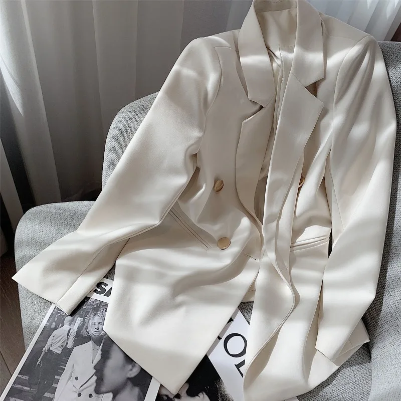 Blazer Women Long Sleeve Korean Chic White Black Blazer Spring Autumn Jacket Office Lady Double-breasted Women Clothes Coat New