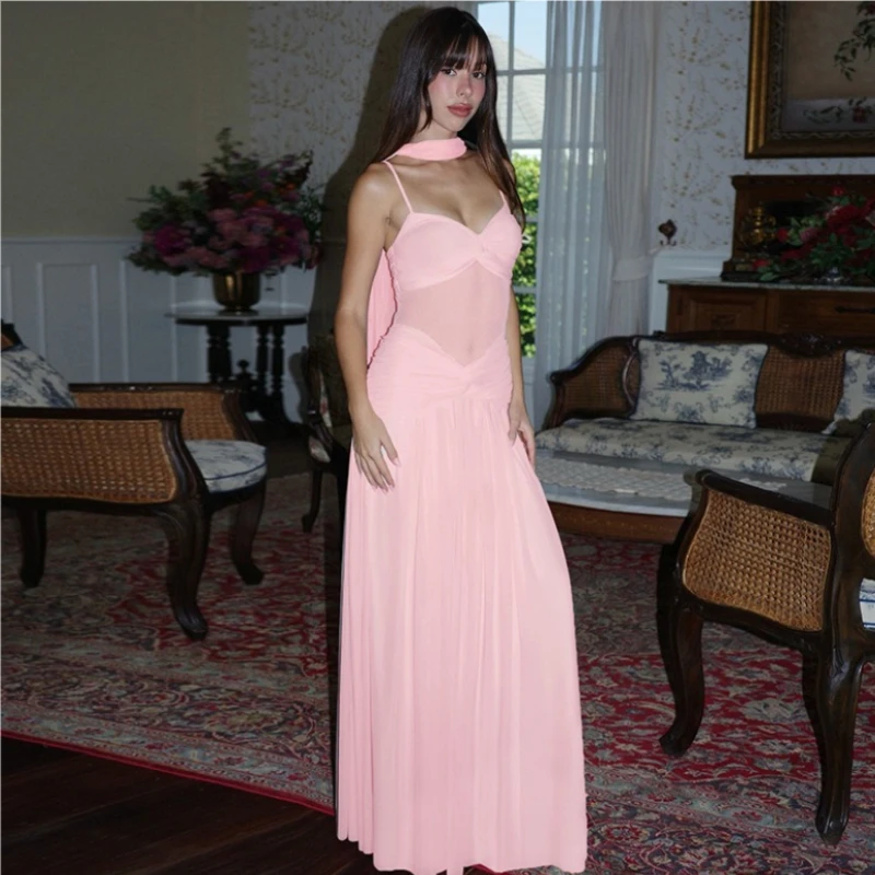 TARUXYSexy شبكة النسيج Strappy فستان المرأة الصلبة الخامس الرقبة منظور التجاعيد أنيقة حفلة عالية الخصر فستان الإناث مساء فستان