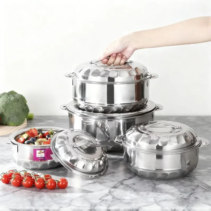 Uncoated Modern Simple Four-piece Large Capacity Double-layer Insulation Steel Cover Kitchen Cooking Orchid Cookware Set