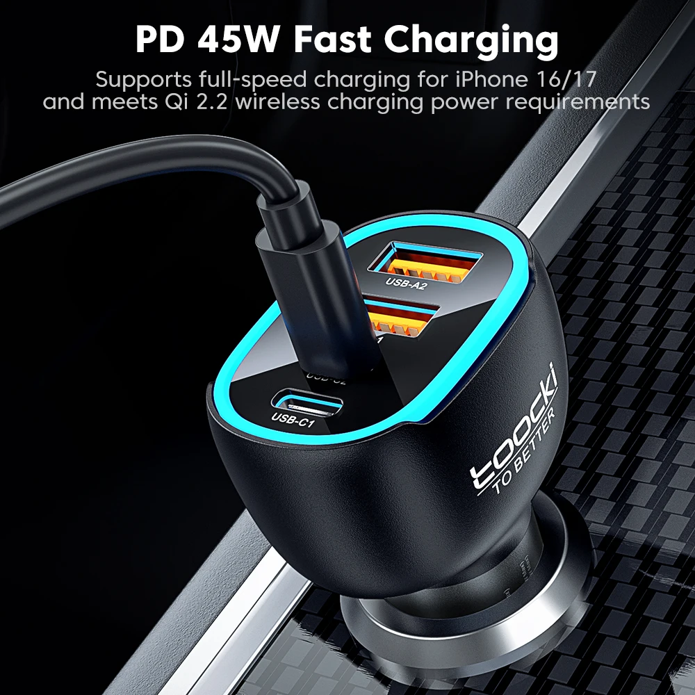 Toocki 90W USB C Car Charger For Phone 4 Ports PD Qi2.2 45W Fast Charging For iPhone 17 16 Pro Samsung S25 S24 Xiaomi LED Light view 3