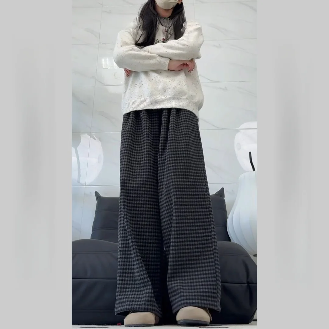 Hose mit weitem Bein, unregelmäßig, für Damen, Herbst, Polyester, A-Linie, Schule, Lounge, kariert, gefüttert, kariert, Jacquard, Damen, Cord, Patchwork, Retro