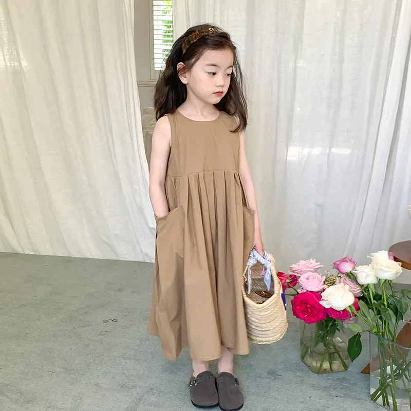 Girl\'s Temperament Sleeveless Princess Dress Summer Children Large Skirt Cotton Vest Dress Solid Color Pocket Fashionable Dress