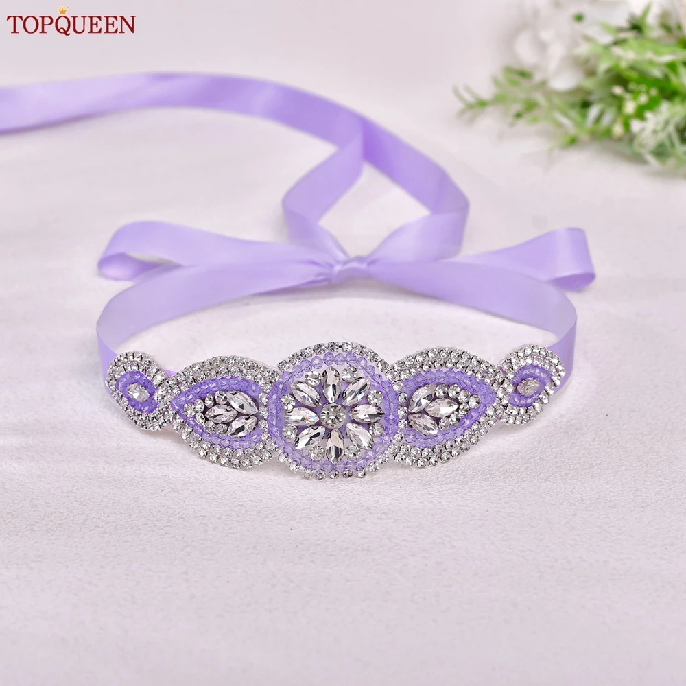 TOPQUEEN-Cinturón de boda de cristal malva, vestido de noche, decoración de cintura, cinturón de encaje para dama de honor, aplique de diamantes de imitación plateados, faja S226