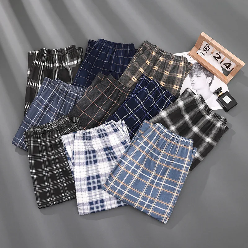 Casual Men's Cotton Trousers Plaid Knitted Sleeping Long Pants Man Pajamas Sleep Bottoms Large Size Thin Loose Homewear Pants