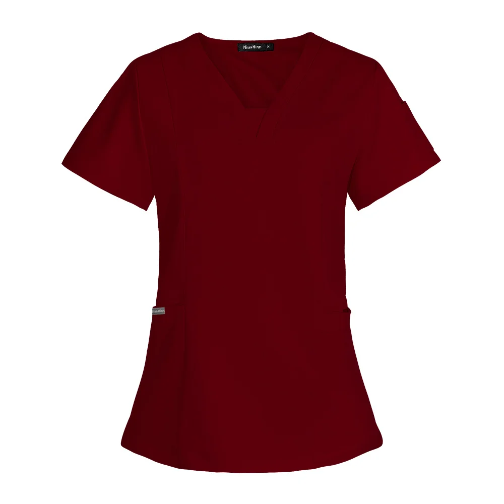 Uniforme d'infirmière à manches courtes et col en V pour femmes, chemisier de beauté, chemise de gIslande avec poche, vêtements de travail, veste de laboratoire