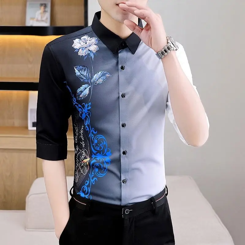 Summer KPOP Fashion Style Harajuku Slim Fit Ropa Hombre All Match Casual Shirt Square Neck Printed Button Short Sleeve Blusa