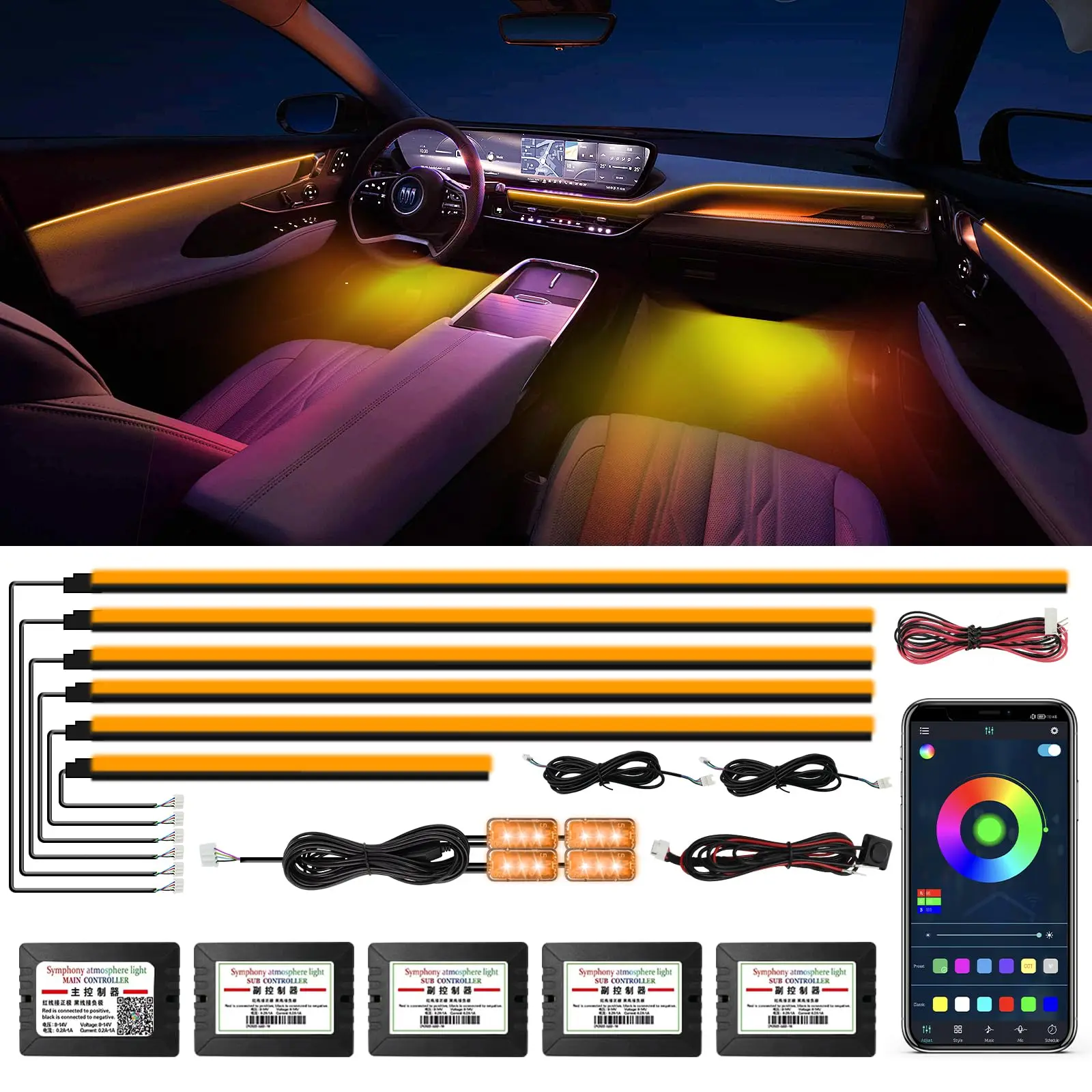 

22in1 Full 64 Color Streamer Car Ambient Lights RGB Color Universal LED Interior Hidden Ergonomic Strip Symphony Atmosphere Lamp