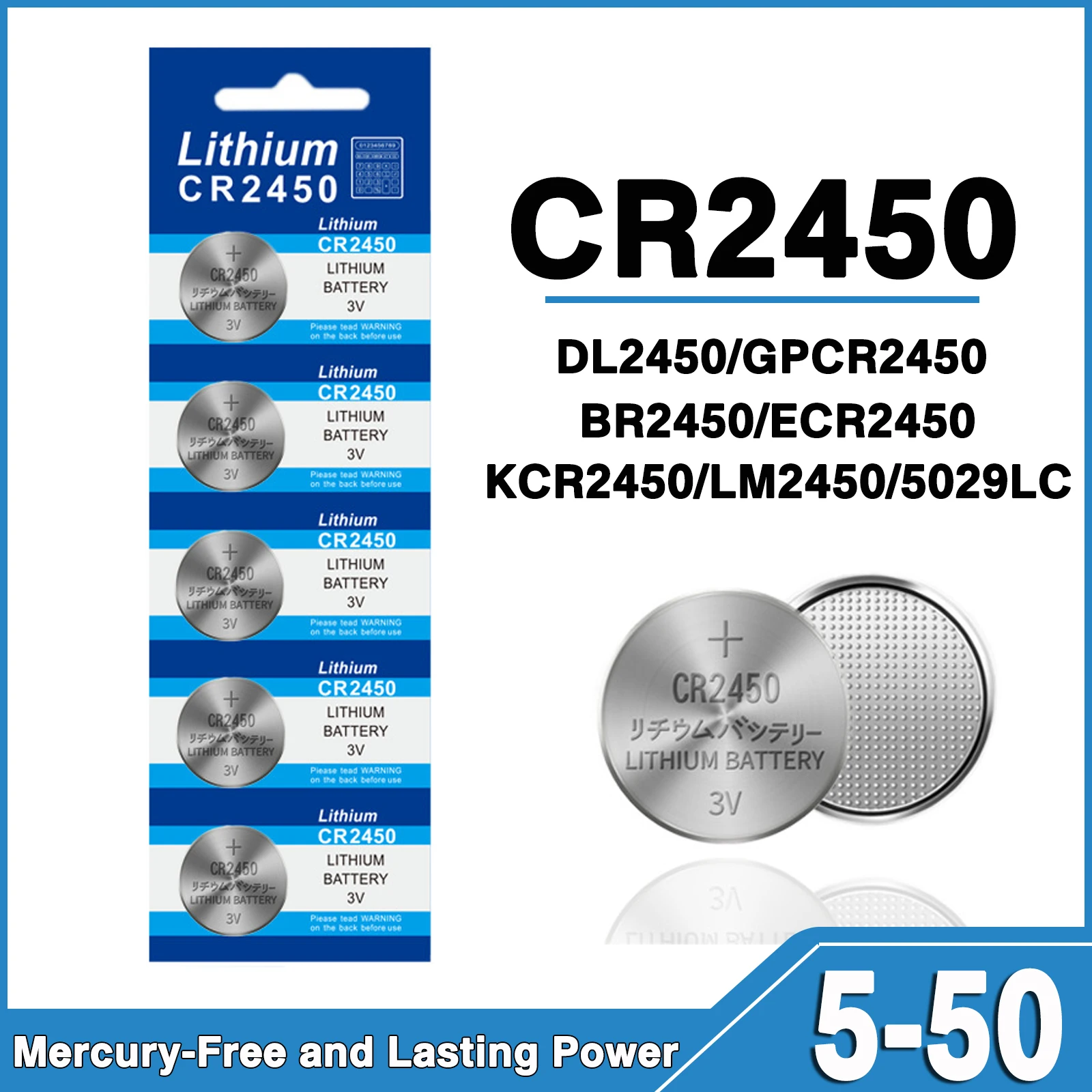 5-50PCS CR2450 Watch Button Battery KCR2450 5029LC LM2450 DL2450 ECR2450 BR2450 3V Lithium Coin Cell Batteries for Toys Car Key