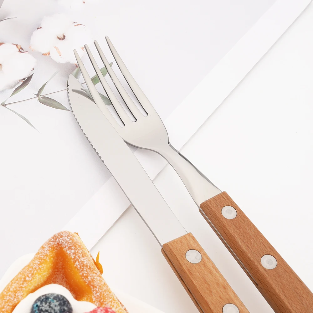 12Pcs Natural Wood Handle Silver Forks Cutlery Set Stainless Steel Flatware Dinner Fork Dinnerware Home Kitchen Silverware Set