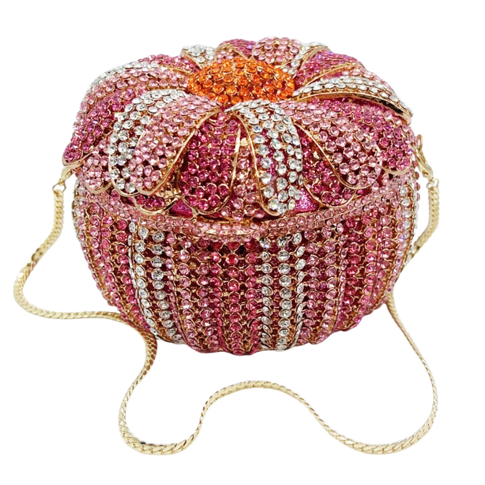 

WHTUOHENG Pink Crystal Diamond Bridal Pumpkin Evening Bag Women's Wedding Party Dinner Purse Rhinestone Cocktail Prom Handbag